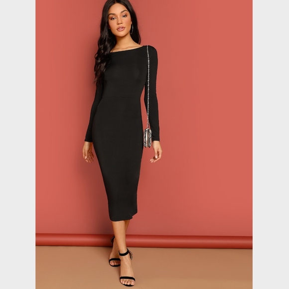 Lace Detail Backless Black Midi Pencil Dress S - Picture 5 of 8